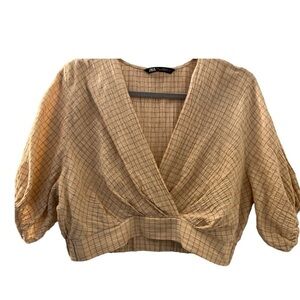 ZARA top, cropped, full 3/4 sleeves, cotton/linen gauze type fabric. Faux wrap.